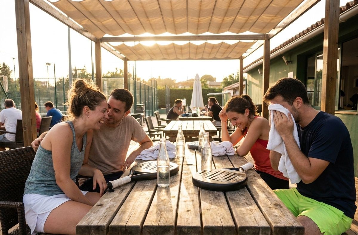 Grupo de amigos descansando con sus palas de pádel en la terraza del club