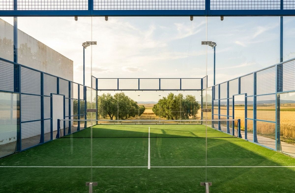 Pista de pádel exterior con cerramiento de malla y paredes azules