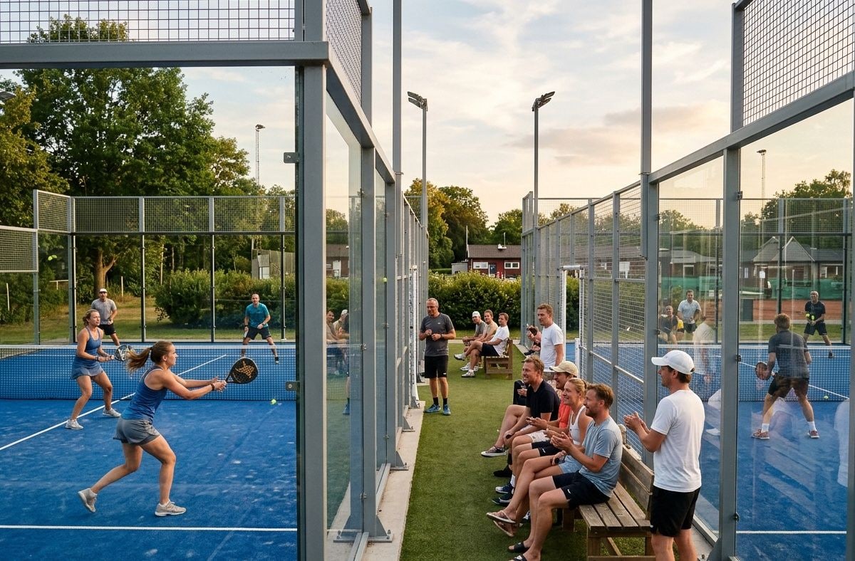 Partidos simultáneos en pistas de pádel durante un torneo del club