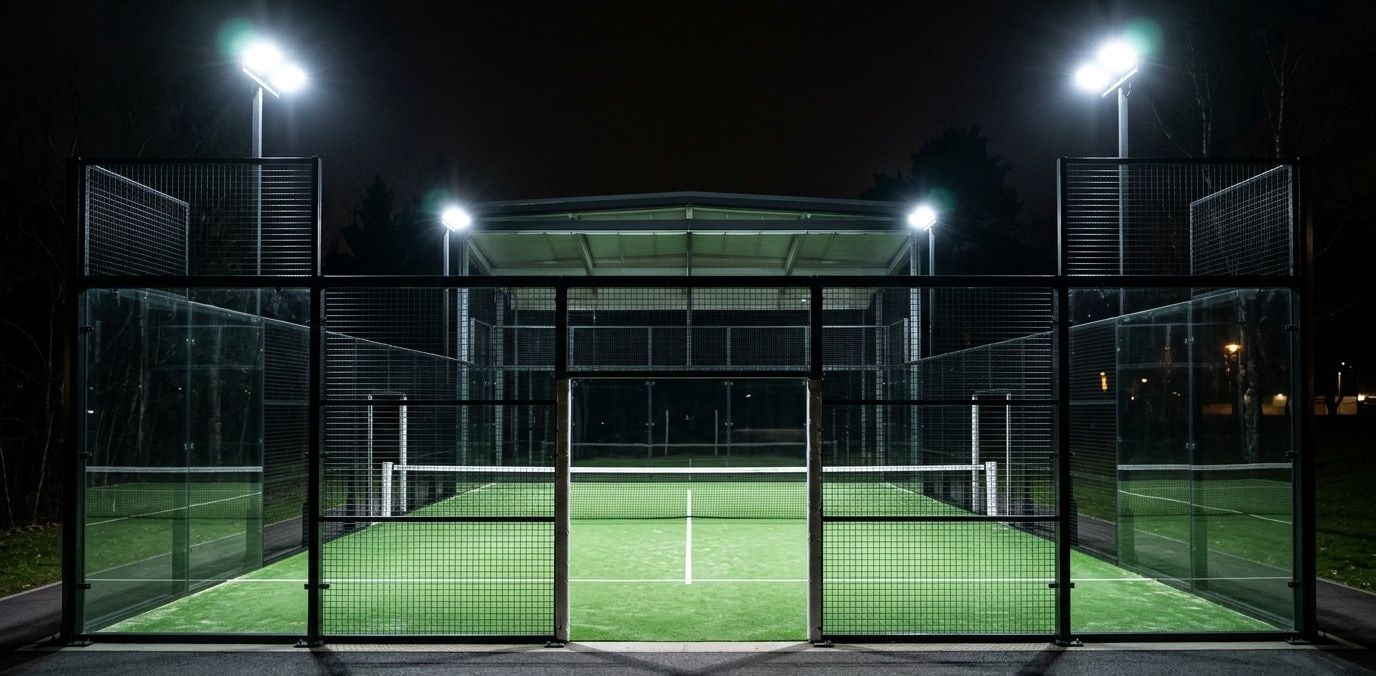 Pista de pádel cubierta de noche con los focos LED encendidos