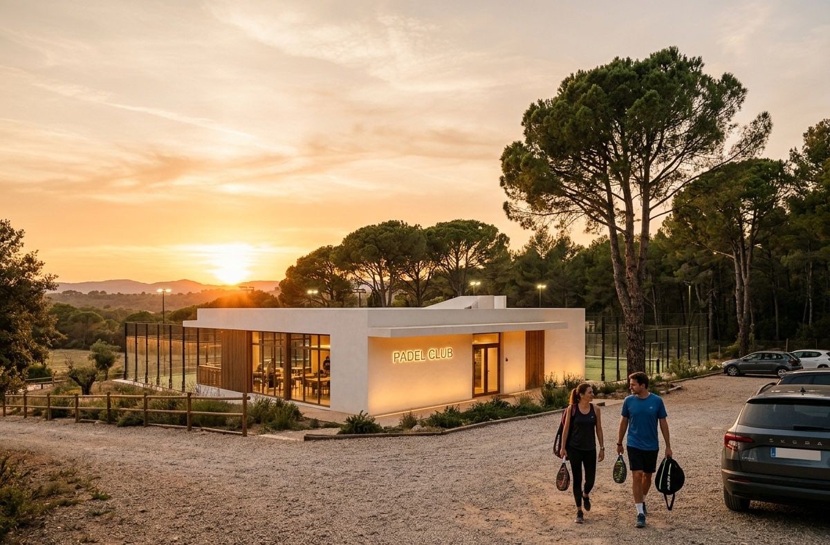 Fachada del club al atardecer con la entrada iluminada
